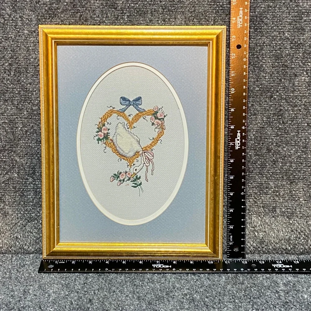 Vintage Framed Cross Stitch Goose Heart Floral Wreath Gold Frame 10.5x13.5 Decor